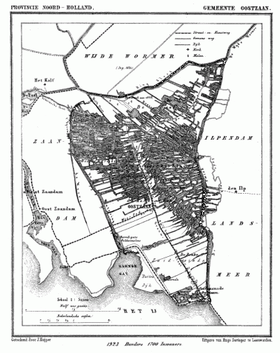 Gemeente Oostzaan in ca. 1870, kaart J. Kuijper