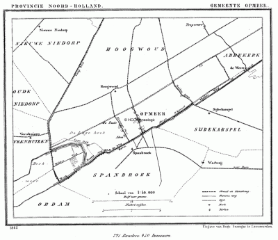 Gemeente Opmeer in ca. 1870, kaart J. Kuijper