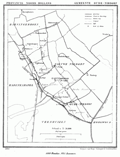 Gemeente Oude Niedorp in ca. 1870, kaart J. Kuijper