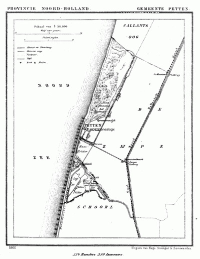 Gemeente Petten in ca. 1870, kaart J. Kuijper