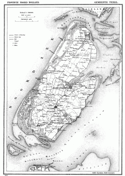 Gemeente Texel in ca. 1870, kaart J. Kuijper