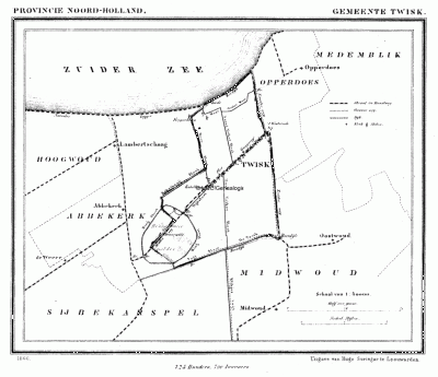 Gemeente Twisk in ca. 1870, kaart J. Kuijper. Hier is goed te zien dat Twisk vóór het gereedkomen van de Wieringermeerpolder, in 1930, nog aan de Zuiderzee lag. Twisk werd voordien beschermd door de Noorderkogge Zeedijk, deel van de Westfriese Omringdijk.