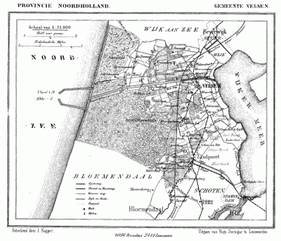 Gemeente Velsen in ca. 1870, kaart J. Kuijper