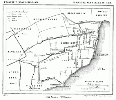 Gemeente Venhuizen in ca. 1870, kaart J. Kuijper