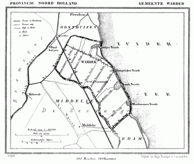 Gemeente Warder in ca. 1870, kaart J. Kuijper