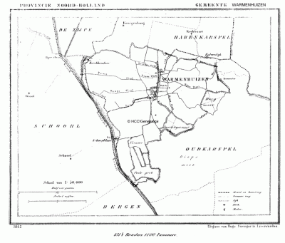 Gemeente Warmenhuizen in ca. 1870, kaart J. Kuijper