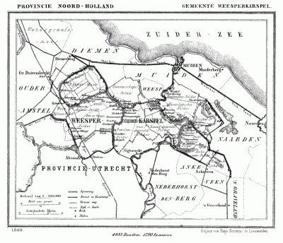 Gemeente Weesperkarspel in ca. 1870, kaart J. Kuijper