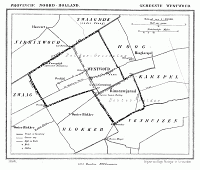 Gemeente Westwoud in ca. 1870, kaart J. Kuijper