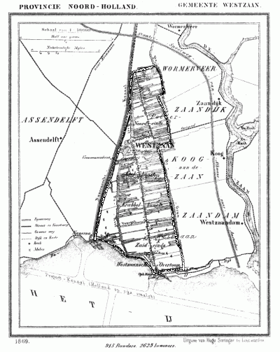 Gemeente Westzaan in ca. 1870, kaart J. Kuijper