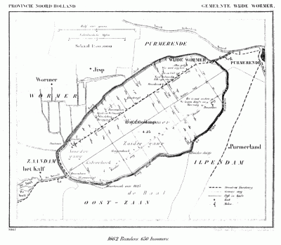 Gemeente Wijdewormer in ca. 1870, kaart J. Kuijper