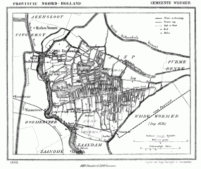 Gemeente Wormer in ca. 1870, kaart J. Kuijper