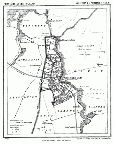 Gemeente Wormerveer in ca. 1870, kaart J. Kuijper