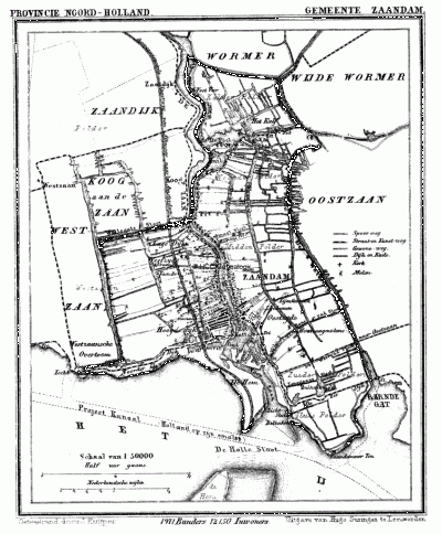 Gemeente Zaandam in ca. 1870, kaart J. Kuijper