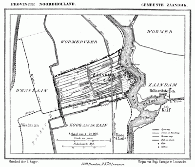 Gemeente Zaandijk in ca. 1870, kaart J. Kuijper
