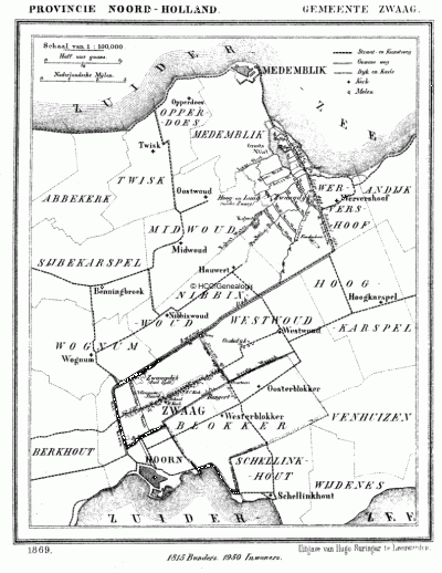 Gemeente Zwaag in ca. 1870, kaart J. Kuijper