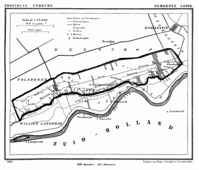 Gemeente Lopik in ca. 1870, kaart J. Kuijper. Lopikerkapel liep langs de Z kant van de gemeente. Aan de overkant van de Enge IJssel liep de gemeente Jaarsveld, tot de Radiolaan aan toe.
