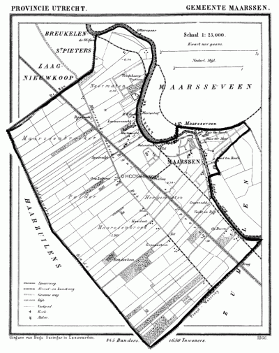 Op deze gemeentekaart van Maarssen uit 1866 is goed te zien dat de kort daarvoor (1857) geannexeerde gemeente Maarssenbroek dan nog een grote weidse polder is, met slechts enkele tientallen panden.