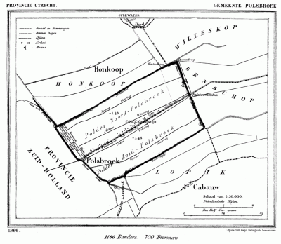 Gemeente Polsbroek in ca. 1870, kaart J. Kuijper