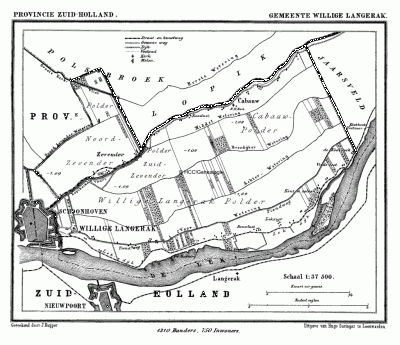 Gemeente Willige Langerak in ca. 1870, kaart J. Kuijper