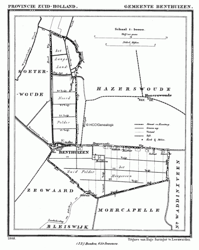 Gemeente Benthuizen in ca. 1870, kaart J. Kuijper