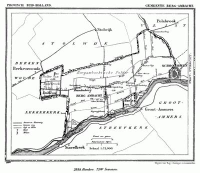 Gemeente Bergambacht in ca. 1870, kaart J. Kuijper