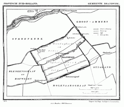Gemeente Brandwijk in ca. 1870, kaart J. Kuijper