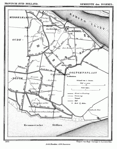 Gemeente Den Bommel in ca. 1870, kaart J. Kuijper