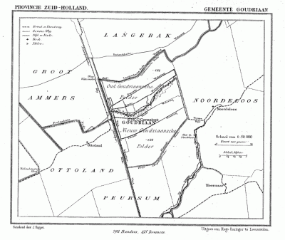 Gemeente Goudriaan in ca. 1870, kaart J. Kuijper