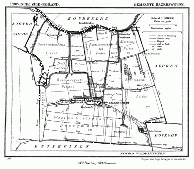 Gemeente Hazerswoude in ca. 1870, kaart J. Kuijper