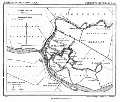 Gemeente Heerjansdam in ca. 1870, kaart J. Kuijper