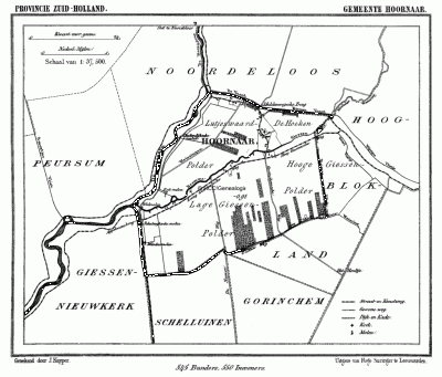Gemeente Hoornaar in ca. 1870, kaart J. Kuijper