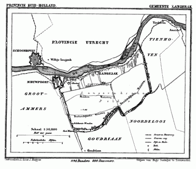 Gemeente Langerak in ca. 1870, kaart J. Kuijper