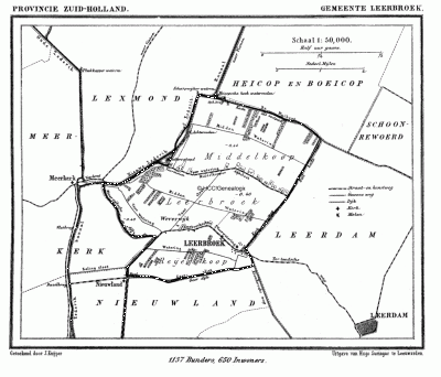Gemeente Leerbroek in ca. 1870, kaart J. Kuijper