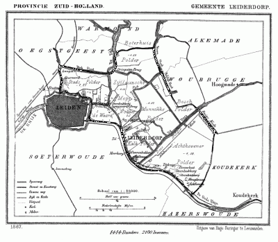 Gemeente Leiderdorp in ca. 1870, kaart J. Kuijper