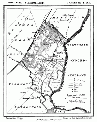 Gemeente Lisse in ca. 1870, kaart J. Kuijper