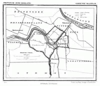 Gemeente Maasdam anno ca. 1870, kaart J. Kuijper. Ook hier is duidelijk te zien dat buurtschap Cillaarshoek een 'wormvormig aanhangsel' was van de gemeente Maasdam.
