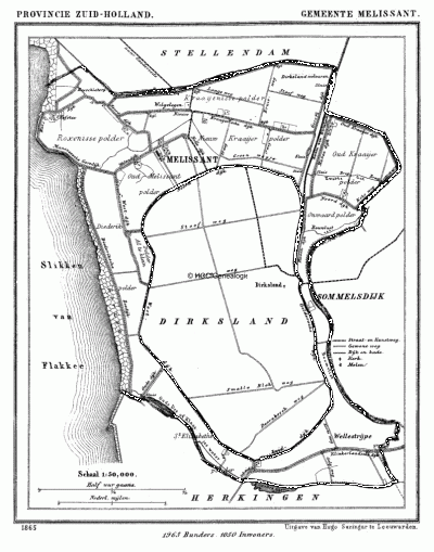 Gemeente Melissant in ca. 1870, kaart J. Kuijper