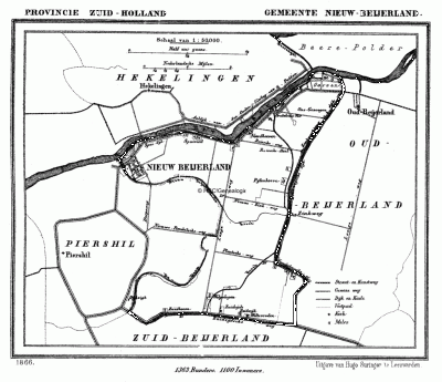 Gemeente Nieuw-Beijerland in ca. 1870, kaart J. Kuijper