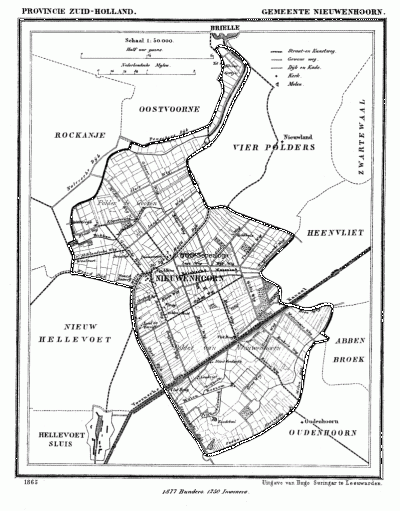 Gemeente Nieuwenhoorn in ca. 1870, kaart J. Kuijper