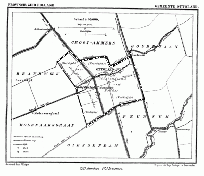 Gemeente Ottoland in ca. 1870, kaart J. Kuijper
