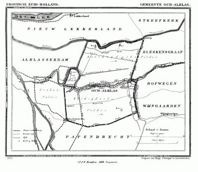 Gemeente Oud-Alblas in ca. 1870, kaart J. Kuijper