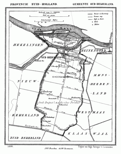 Gemeente Oud-Beijerland in ca. 1870, kaart J. Kuijper