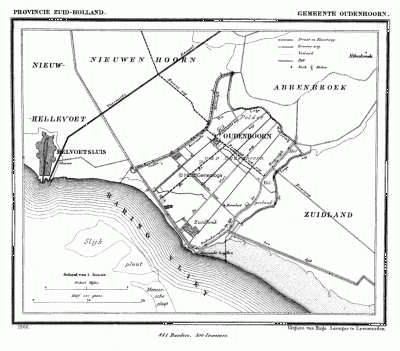 Gemeente Oudenhoorn in ca. 1870, kaart J. Kuijper