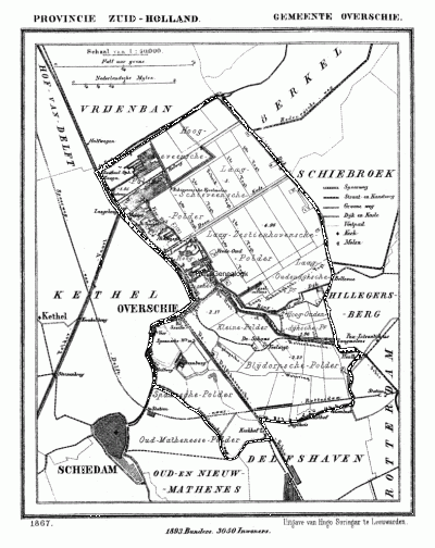 Gemeente Overschie in ca. 1870, kaart J. Kuijper