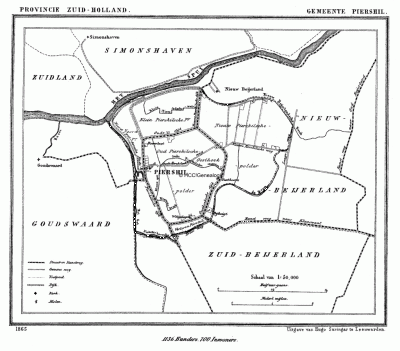 Gemeente Piershil in ca. 1870, kaart J. Kuijper
