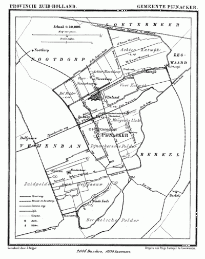 Gemeente Pijnacker in ca. 1870, kaart J. Kuijper