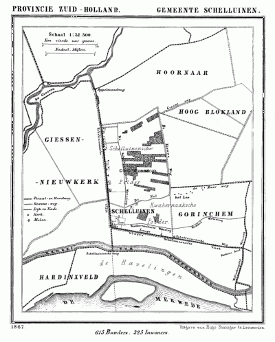Gemeente Schelluinen in ca. 1870, kaart J. Kuijper