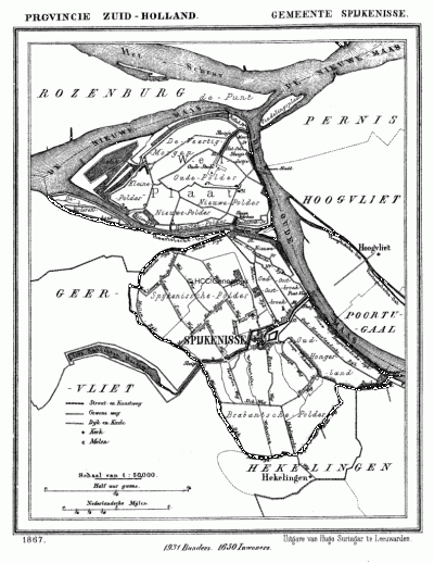 Gemeente Spijkenisse in ca. 1870, kaart J. Kuijper