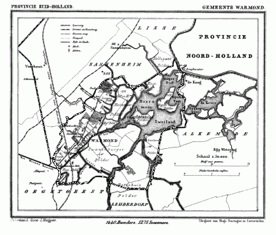 Gemeente Warmond in ca. 1870, kaart J. Kuijper