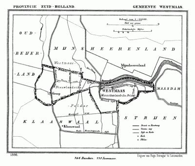 Gemeente Westmaas in ca. 1870, kaart J. Kuijper